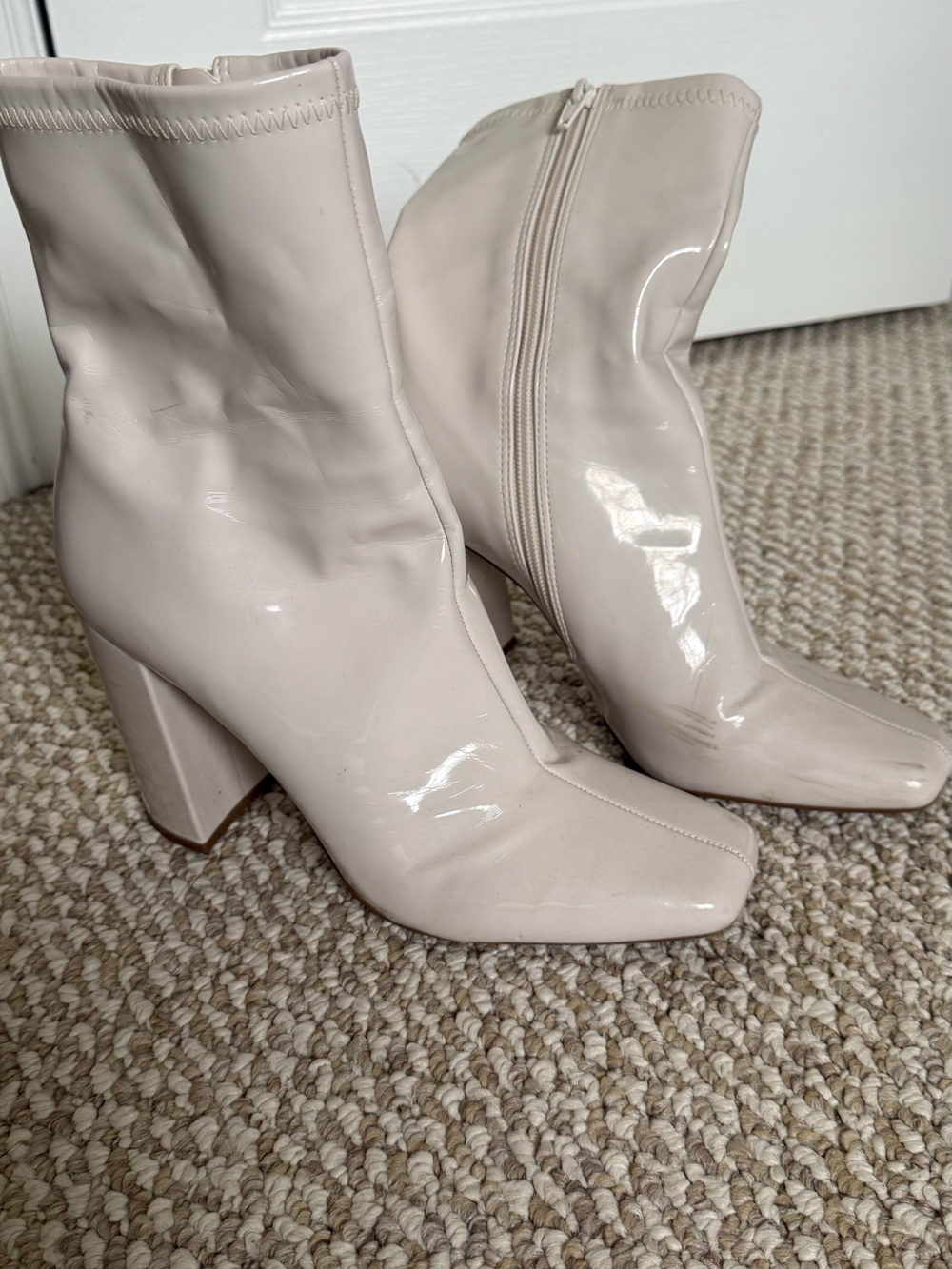 Patent Square-Toe Ankle Boots in Ivory